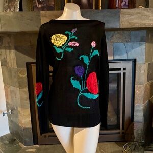 80s Mondi Floral Embroidered Red Yellow Stylized Roses Slinky Sweater 38 M